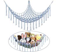 Stuffed Animal Hammock Corner, Hand-knitted Large Plushie Net Toy Hammock with Wooden Rings | Boho Cute Stuff Animal Storage for Nursery & Bedroom | Mesh Kids Toy Organizer Holder Nursery Room Decor