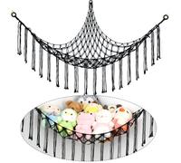 Stuffed Animal Hammock Corner, Hand-knitted Large Plushie Net Toy Hammock with Wooden Rings | Boho Cute Stuff Animal Storage for Nursery & Bedroom |Toy Organizer Holder Nursery Room Decor (Black)