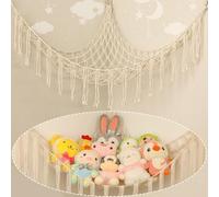 Stuffed Animal Hammock Corner, Hand-knitted Large Plushie Net Toy Hammock with Wooden Rings | Boho Cute Stuff Animal Storage for Nursery & Bedroom |Toy Organizer Holder Nursery Room Decor (White)