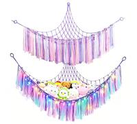 Stuffed Animal Hammock with LED Lights, Teddy Hammock Toy Storage Net, Hand Woven Plush Macrame Organizer with Tassel for Nursery, Kids Bedroom Decor (Purple)