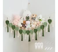 Stuffed Animal Storage with Hand Woven Leaf Tassels Hammock Corner Hanging Net Boho Macrame Toy Plush Storage for Kid Room Nursery Decor Wall Display for Girls Gift(Sage Green&Avocado Green)
