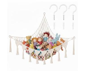 Stuffed Animal Toy Hammock, Macrame Teddy Bear Storage Net, Hand Woven Soft Toy Hammock, Nordic Style Bedroom Accessories for Nursery and Kids Bedroom Decor, White