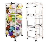 Stuffed Animal Zoo Storage, Plush Animals Toy Holder with Wheel Elastic Band Net, Stuffed Animal Cage Display Organizer Playroom Shelf Shelves Basket for Bedroom Nursery