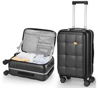 StuffServ 20 Inch Carry On Luggage Front Opening Rolling Suitcase With Spinner Wheels Aluminum Frame PC Hard Shell Luggage 22x14x9 Airline Approved Travel Suitcases With TSA Lock for Men - Black