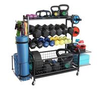 STUFFSTASH Dumbbell Rack, Heavy Duty Steel, Modern, Alloy, Black - 594lbs Weight Capacity, Adjustable Width, Yoga Mat Basket, Home Gym Storage for Dumbbells, Kettlebell, Accessories