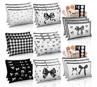 Stuffygreenus Floral Cosmetic Bags Bulk for Women Blue and White Floral Makeup Bags Chinoiserie Canvas Travel Zipper Pouches Toiletry Bag for Girls Bridesmaids Wedding Supplies, Black Bow, 24