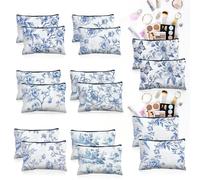 Stuffygreenus Floral Cosmetic Bags Bulk for Women Blue and White Floral Makeup Bags Chinoiserie Canvas Travel Zipper Pouches Aesthetic Toiletry Bag for Girls Teacher Appreciation Supplies, Blue