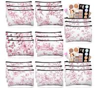 Stuffygreenus Floral Cosmetic Bags Bulk for Women Blue and White Floral Makeup Bags Chinoiserie Canvas Travel Zipper Pouches Aesthetic Toiletry Bag for Girls Teacher Appreciation Supplies, Pink