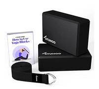 STUHOO Yoga Block Set of 2 & Strap - Sturdy EVA Foam Blocks & Lightweight Black Cotton Strap - Enhance Poses & Stability for Yoga & Pilates