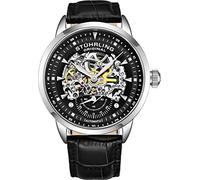 Stuhrling Original Mens Automatic Watch Skeleton Watches for Men - Black Leather Watch Strap Mechanical Watch Silver Executive Watch Collection (Black)