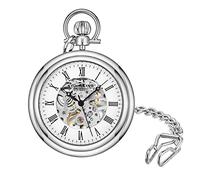 Stuhrling Original Men's Pocket Watch Stainless Steel Analog Skeleton Watch Hand Wind Mechanical Movement Stainless Steel Chain
