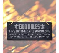 Stukk BBQ Rules Fire Laser Hanging Chicken Grilled Sign, Natural Engraved Slate Stone Plaque, 30x12cm (Large)