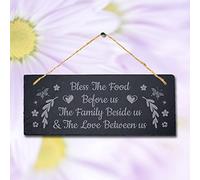 Stukk Bless Food Family and Love Laser Hanging Kitchen Home Sign, Natural Engraved Slate Stone Plaque, 30x12cm