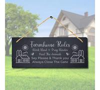 Stukk Farm House Rules Work Hard Laser Hanging Farmhouse Sign, Natural Engraved Slate Stone Plaque, 30x12cm