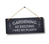 Stukk Gardening So Exciting I Wet Humorous Hanging, Natural Engraved Slate Stone Plaque, 30x12cm