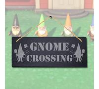 Stukk Gnomes Crossing Laser Hanging Garden Home Decor Sign, Natural Engraved Slate Stone Plaque, 30x12cm