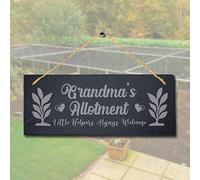 Stukk Grandma's Allotment Little Helper Always Welcome Hanging Garden Decor Sign, Natural Engraved Slate Stone Plaque, 30x12cm