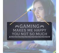 Stukk Hanging Slate Sign, Gaming Makes Me Happy, 30x12cm
