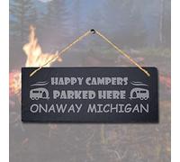 Stukk Happy Campers Parked Here Laser Hanging Camping Decor Sign, Natural Engraved Slate Stone Plaque, 30x12cm