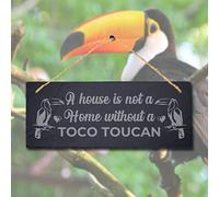 Stukk House Not Home Without Toco Toucan Laser Hanging Bird Sign, Natural Engraved Slate Stone Plaque, 30x12cm