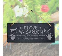 Stukk I Love Buzzing Bees Hanging Garden Sign, Natural Engraved Slate Stone Plaque, 30x12cm