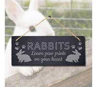 Stukk Leave Paw Prints On Your Heart Hanging Rabbit Bunny Sign, Natural Engraved Slate Stone Plaque, 30x12cm