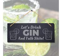 Stukk Lets Drink Gin Talk Laser Bar Hanging Humorous Sign, Natural Engraved Slate Stone Plaque, 30x12cm