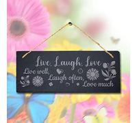 Stukk Live Well Laugh Often Love Much Hanging Life Rules Sign, Natural Engraved Slate Stone Plaque, 30x12cm