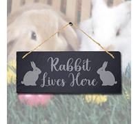 Stukk Lives Here Laser Hanging Rabbit Bunny Home Sign, Natural Engraved Slate Stone Plaque, 30x12cm