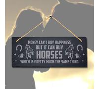 Stukk Money Can Not Buy Happiness Horse Laser Hanging Shed Sign, Natural Engraved Slate Stone Plaque, 30x12cm