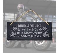 Stukk Motorbikes Ride Race & Beer Riders Laser Hanging Shed Sign (Motorbikes & Beer Happiness) (Bikes are Like Wives), Natural Engraved Slate Stone Plaque, 30x12cm (Large)