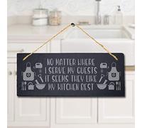 Stukk No Matter Where I Serve My Guests Laser Hanging Home Sign, Natural Engraved Slate Stone Plaque, 30x12cm