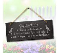 Stukk Rules Listen to The Birds Hanging Nannys Garden Sign, Natural Engraved Slate Stone Plaque, 30x12cm (Large)