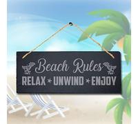 Stukk Rules Relax Unwind Enjoy Hanging Ocean Beach Sign, Natural Engraved Slate Stone Plaque, 30x12cm (Large)