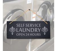 Stukk Self Service Laundry Open 24 Hours Laser Hanging Home Sign, Natural Engraved Slate Stone Plaque, 30x12cm