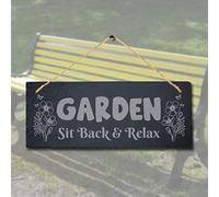 Stukk Sit Back Laser Hanging Garden Home Decor Sign, Natural Engraved Slate Stone Plaque, 30x12cm