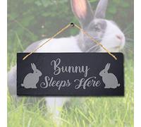 Stukk Sleeps Here Laser Hanging Rabbit Bunny Home Sign, Natural Engraved Slate Stone Plaque, 30x12cm