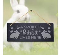 Stukk Spoiled Lives Here Laser Hanging Rabbit Bunny Sign, Natural Engraved Slate Stone Plaque, 30x12cm