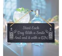 Stukk Start Each Day with Smile Laser Bar Hanging Club Pub Sign, Natural Engraved Slate Stone Plaque, 30x12cm