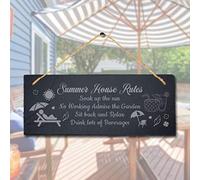 Stukk Summer House Rules Soak Up The Laser Hanging Garden Sign, Natural Engraved Slate Stone Plaque, 30x12cm