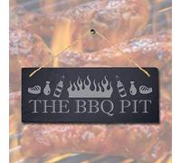 Stukk The BBQ Pit Laser Hanging Chicken Grilled Party Home Sign, Natural Engraved Slate Stone Plaque, 30x12cm (Large)