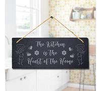 Stukk The Kitchen is The Heart Laser Hanging Home Sign, Natural Engraved Slate Stone Plaque, 30x12cm