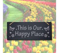 Stukk This Is Our Happy Place Laser Hanging Garden Decor Sign, Natural Engraved Slate Stone Plaque, 30x12cm