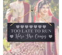 Stukk Too Late to Run Design 2 Laser Hanging Wedding Decor Sign, Natural Engraved Slate Stone Plaque, 30x12cm