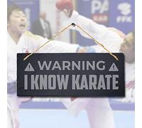 Stukk Warning I Know Karate Laser Hanging Fighters Home Sign, Natural Engraved Slate Stone Plaque, 30x12cm (Large)