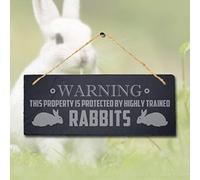 Stukk Warning Property is Protected by Trained Rabbits Hanging Bunny Sign, Natural Engraved Slate Stone Plaque, 30x12cm