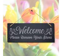 Stukk Welcome Please Remove Shoes Laser Hanging House Home Sign, Natural Engraved Slate Stone Plaque, 30x12cm