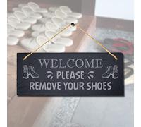 Stukk Welcome Please Remove Your Shoes Hanging Hygiene Sign, Natural Engraved Slate Stone Plaque, 30x12cm