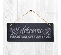 Stukk Welcome Please Take Off Your Shoes Laser Hanging Home Sign, Natural Engraved Slate Stone Plaque, 30x12cm (Large)