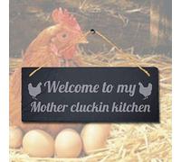Stukk Welcome to Mother Cluckin Kitchen Hanging Chick Chicken Shed Sign, Natural Engraved Slate Stone Plaque, 30x12cm